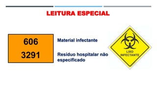 16
LEITURA ESPECIAL
606 Material infectante
3291 Resíduo hospitalar não
especificado
 
