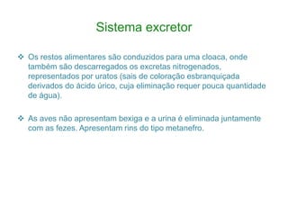 Sistema excretor
 Os restos alimentares são conduzidos para uma cloaca, onde
também são descarregados os excretas nitrogenados,
representados por uratos (sais de coloração esbranquiçada
derivados do ácido úrico, cuja eliminação requer pouca quantidade
de água).
 As aves não apresentam bexiga e a urina é eliminada juntamente
com as fezes. Apresentam rins do tipo metanefro.
 