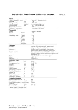 Daimler Communications, 70546 Stuttgart/Germany
Mercedes-Benz – un marchio Daimler
Pagina 51Mercedes-Benz Classe C Coupé C 180 (cambio manuale)
Motore
Numero/disposizione cilindri 4/in linea, 4 valvole per cilindro
Cilindrata cm³ 1.595
Alesaggio x corsa mm 83,0 x 73,7
Potenza nominale kW/CV 115/156 a 5.300 giri/min
Coppia nominale Nm 250 a 1200-4000 giri/min
Rapporto di compressione 10,3 : 1
Preparazione della miscela iniezione ad alta pressione
Trasmissione
Cambio manuale a sei marce
Rapporti
Trasmissione totale
al ponte 1
1
a
marcia
2
a
marcia
3
a
marcia
4
a
marcia
5
a
marcia
6
a
marcia
retromarcia
2,82
4,75
2,46
1,62
1,24
1,00
0.79
4,47
Autotelaio
Avantreno a quattro bracci, molle elicoidali, ammortizzatori
oleopneumatici, barra stabilizzatrice
Retrotreno a bracci multipli a cinque bracci, molle elicoidali,
ammortizzatori oleopneumatici, barra stabilizzatrice
Impianto frenante freni a disco anteriori autoventilanti, freni a disco
posteriori massicci, freno di stazionamento elettrico, ABS,
Brake Assist, ESP
®
Sterzo servosterzo elettromeccanico a cremagliera
Cerchi 7,0 J x 17
Pneumatici 225/50 R 17
Dimensioni e pesi
Passo mm 2840
Carreggiata ant./post. mm 1563/1546
Lunghezza mm 4686
Larghezza mm 1819
Altezza mm 1405
Diametro di volta m 11,22
Volume bagagliaio max.* l 400
Peso in ordine di marcia
secondo CE
kg 1475
Carico utile kg 480
Massa complessiva kg 1.955
Serbatoio/di cui riserva l 41/7
Prestazioni e consumi
Accelerazione 0-100 km/h s 8,5
Velocità massima km/h 225
Consumo di carburante in ciclo
combinato
l/100 km 5,3-5,8
Emissioni di CO2 g/km 122-135
*secondo il metodo di misurazione VDA
 