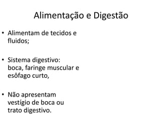 Alimentação e Digestão
• Alimentam de tecidos e
fluidos;
• Sistema digestivo:
boca, faringe muscular e
esôfago curto,
• Não apresentam
vestígio de boca ou
trato digestivo.
 