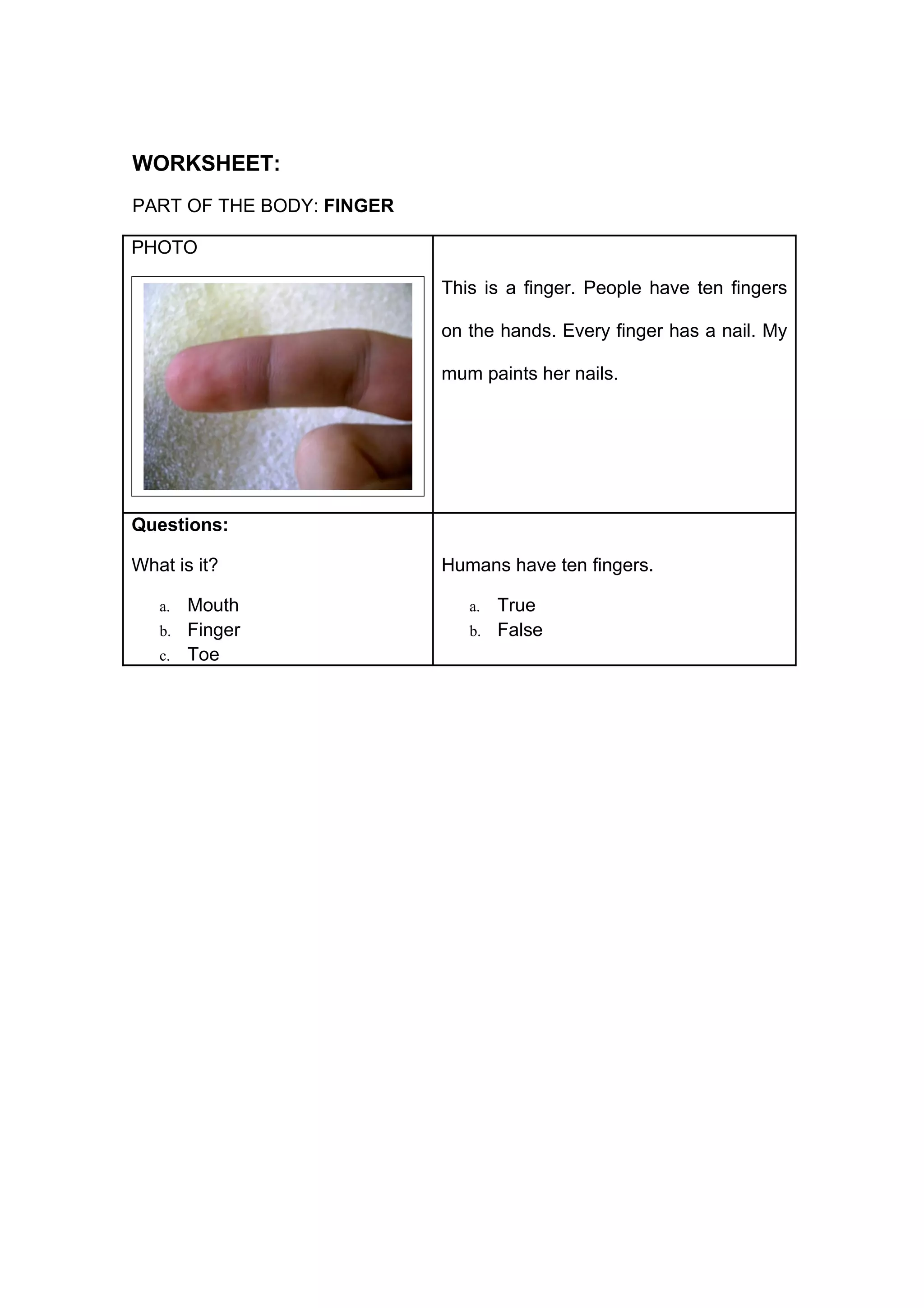 WORKSHEET:
PART OF THE BODY: FINGER

PHOTO

                           This is a finger. People have ten fingers

                           on the hands. Every finger has a nail. My

                           mum paints her nails.




Questions:

What is it?                Humans have ten fingers.

   a. Mouth                   a. True
   b. Finger                  b. False
   c. Toe
 