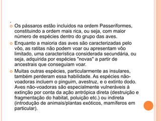 . 
 Os pássaros estão incluidos na ordem Passeriformes, 
constituindo a ordem mais rica, ou seja, com maior 
número de espécies dentro do grupo das aves. 
 Enquanto a maioria das aves são caracterizadas pelo 
vôo, as ratitas não podem voar ou apresentam vôo 
limitado, uma característica considerada secundária, ou 
seja, adquirida por espécies "novas" a partir de 
ancestrais que conseguiam voar. 
 Muitas outras espécies, particularmente as insulares, 
também perderam essa habilidade. As espécies não-voadoras 
incluem o pinguim, avestruz, e o extinto dodo. 
Aves não-voadoras são especialmente vulneráveis à 
extinção por conta da ação antrópica direta (destruição e 
fragmentação do habitat, poluição etc.) ou indireta 
(introdução de animais/plantas exóticos, mamíferos em 
particular). 
 