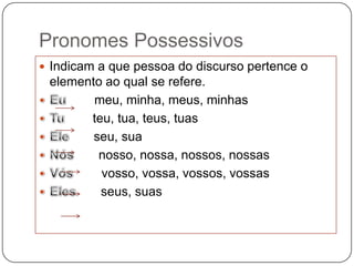Pronomes Possessivos
 Indicam a que pessoa do discurso pertence o
elemento ao qual se refere.
meu, minha, meus, minhas
teu, tua, teus, tuas
seu, sua
nosso, nossa, nossos, nossas
vosso, vossa, vossos, vossas
seus, suas
 