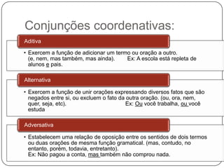 Conjunções coordenativas:
• Exercem a função de adicionar um termo ou oração a outro.
(e, nem, mas também, mas ainda). Ex: A escola está repleta de
alunos e pais.
Aditiva
• Exercem a função de unir orações expressando diversos fatos que são
negados entre si, ou excluem o fato da outra oração. (ou, ora, nem,
quer, seja, etc). Ex: Ou você trabalha, ou você
estuda
Alternativa
• Estabelecem uma relação de oposição entre os sentidos de dois termos
ou duas orações de mesma função gramatical. (mas, contudo, no
entanto, porém, todavia, entretanto).
Ex: Não pagou a conta, mas também não comprou nada.
Adversativa
 