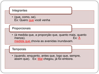 • (que, como, se).
Ex: Quero que você venha
Integrantes
• (à medida que, a proporção que, quanto mais, quanto
menos). Ex: À
medida que chovia as avenidas inundavam.
Proporcionais
• (quando, enquanto, antes que, logo que, sempre,
assim que). Ex: Mal chegou, já foi embora.
Temporais
 