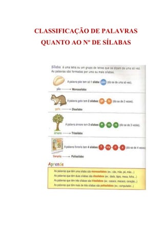 CLASSIFICAÇÃO DE PALAVRAS
QUANTO AO Nº DE SÍLABAS
 