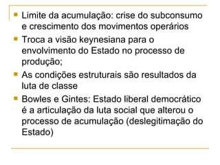 Limite da acumulação: crise do subconsumo e crescimento dos movimentos operários Troca a visão keynesiana para o envolvimento do Estado no processo de produção; As condições estruturais são resultados da luta de classe Bowles e Gintes: Estado liberal democrático é a articulação da luta social que alterou o processo de acumulação (deslegitimação do Estado) 