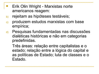 Erik Olin Wright - Marxistas norte americanos reagem:  rejeitam as hipóteses testáveis; produzem estudos marxistas com base empírica; Pesquisas fundamentadas nas discussões dialéticas históricas e não em categorias predefinidas. Três áreas: relação entre capitalistas e o estado; relação entre a lógica do capital e as políticas de Estado; luta de classes e o Estado. 