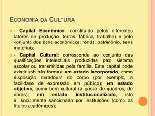 Economia da Cultura - Capital Econômico: constituído pelos diferentes fatores de produção (terras, fábrica, trabalho) e pelo conjunto dos bens econômicos; renda, patrimônio, bens materiais;- Capital Cultural: corresponde ao conjunto das qualificações intelectuais produzidas pelo sistema escolar ou transmitidas pela família. Este capital pode existir sob três formas: em estado incorporado, como disposição duradoura do corpo (por exemplo, a facilidade de expressão em público); em estado objetivo, como bem cultural (a posse de quadros, de obras); em estado institucionalizado, isto é, socialmente sancionado por instituições (como os títulos acadêmicos);