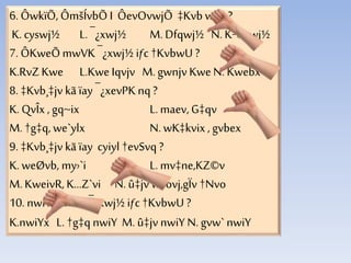 6. ÔwkïÕ, ÔmšÍvbÕ I ÔevOvwjÕ ‡Kvb wj½?
K. cyswj½ L. ¯¿xwj½ M. Dfqwj½ N. K¬xewj½
7. ÔKweÕmwVK ¯¿xwj½ iƒc†KvbwU ?
K.RvZKwe L.KweIqvjv M. gwnjv KweN. Kwebx
8. ‡Kvb¸‡jv kã ïay ¯¿xevPK nq?
K.QvÎx , gq~ix L. maev, G‡qv
M. †g‡q, we`ylx N.wK‡kvix, gvbex
9. ‡Kvb¸‡jv kã ïay cyiyl †evSvq ?
K.weØvb, my›`i L. mv‡ne,KZ©v
M. KweivR, K…Z`vi N. û‡jv weovj,gÏv †Nvo
10. nwiY mwVK ¯¿xwj½ iƒc†KvbwU ?
K.nwiYx L. †g‡q nwiY M. û‡jv nwiY N. gvw` nwiY
 