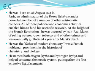 6.C
 He was born on 26 August 1743 in
  Paris, an administrator of the Ferme Générale and a
  powerful member of a number of other aristocratic
  councils. All of these political and economic activities
  enabled him to fund his scientific research. At the height of
  the French Revolution , he was accused by Jean-Paul Marat
  of selling watered-down tobacco, and of other crimes and
  was eventually guillotined a year after Marat's death.
 He was the "father of modern chemistry ",was a French
  nobleman prominent in the histories of
  chemistry and biology
 He named both oxygen (1778) and hydrogen (1783) and
  helped construct the metric system, put together the first
  extensive list of elements
 