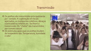 Transmissão
 Os piolhos são transmitidos principalmente
por contato. A coabitação em locais
apertados, os transportes coletivos, abraços
e brincadeiras infantis etc. facilitam a
transmissão. Os “chatos” são transmitidos
por contato sexual
 Os estímulos apara que os piolhos mudem
de hospedeiro são:Temperatura, humidade
e odor
 