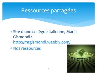 Ressources partagées 
 Site d’une collègue italienne, Maria 
Gismondi : 
http://mrgismondi.weebly.com/ 
 Nos ressources 
17 
 
