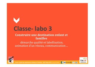 Forum créatif des destinations Enfants et Familles - 26/27 Mars 2015 - Bourg-en-Bresse
Classe- labo 3
Construire une destination enfant et
familles
démarche qualité et labellisation,
animation d’un réseau, communication…
Forum créatif des destinations Enfants et Familles - 26/27 Mars 2015 - Bourg-en-Bresse
 