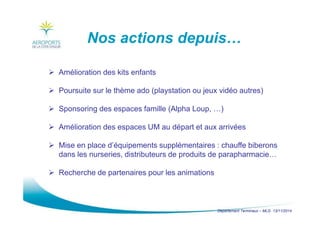 Département Terminaux – MLG 13/11/2014
Nos actions depuis…
Amélioration des kits enfants
Poursuite sur le thème ado (playstation ou jeux vidéo autres)
Sponsoring des espaces famille (Alpha Loup, …)
Amélioration des espaces UM au départ et aux arrivées
Mise en place d’équipements supplémentaires : chauffe biberons
dans les nurseries, distributeurs de produits de parapharmacie…
Recherche de partenaires pour les animations
 
