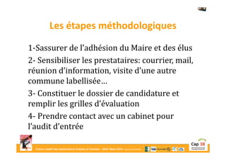Forum créatif des destinations Enfants et Familles - 26/27 Mars 2015 - Bourg-en-Bresse
Les étapes méthodologiques
1-Sassurer de l’adhésion du Maire et des élus
2- Sensibiliser les prestataires: courrier, mail,
réunion d’information, visite d’une autre
commune labellisée…
3- Constituer le dossier de candidature et
remplir les grilles d’évaluation
4- Prendre contact avec un cabinet pour
l’audit d’entrée
 