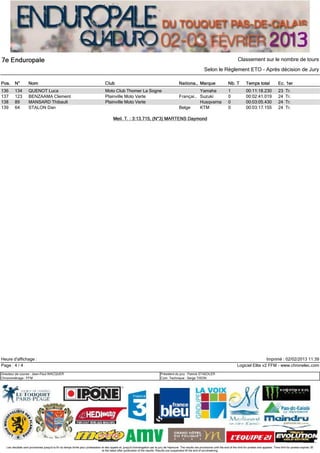 Classement sur le nombre de tours
                                                                                                                                                                         Selon le Règlement ETO - Après décision de Jury



136      134         QUENOT Luca                                                      Moto Club Thomer La Sogne                                              Yamaha                          1              00:11:18.230                23    Tr.
137      123         BENZAAMA Clement                                                 Plainville Moto Verte                                         Françai… Suzuki                          0              00:02:41.019                24    Tr.
138      89          MANSARD Thibault                                                 Plainville Moto Verte                                                  Husqvarna                       0              00:03:05.430                24    Tr.
139      64          STALON Dan                                                                                                                     Belge    KTM                             0              00:03:17.155                24    Tr.




Heure d'affichage :                                                                                                                                                                                                   Imprimé : 02/02/2013 11:39
Page : 4 / 4                                                                                                                                                                                         Logiciel Elite v2 FFM - www.chronelec.com
Directeur de course : Jean-Paul WACQUER                                                                                             Président du jury : Patrick STAEDLER
Chronométrage : FFM                                                                                                                 Com. Technique : Serge TISON




   Les résultats sont provisoires jusqu'à la fin du temps limite pour protestation et des appels et, jusqu'à homologation par le jury de l'épreuve. The results are provisional until the end of the limit for protest and appeals. Time limit for protest expires 30'
                                                                                   at the latest after publication of the results. Results are suspended till the end of scrutineering.
 