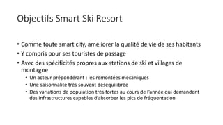 Objectifs Smart Ski Resort
• Comme toute smart city, améliorer la qualité de vie de ses habitants
• Y compris pour ses touristes de passage
• Avec des spécificités propres aux stations de ski et villages de
montagne
• Un acteur prépondérant : les remontées mécaniques
• Une saisonnalité très souvent déséquilibrée
• Des variations de population très fortes au cours de l’année qui demandent
des infrastructures capables d’absorber les pics de fréquentation
 