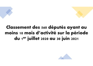 Classement des 560 députés ayant au
moins 10 mois d’activité sur la période
du 1er juillet 2020 au 30 juin 2021
 