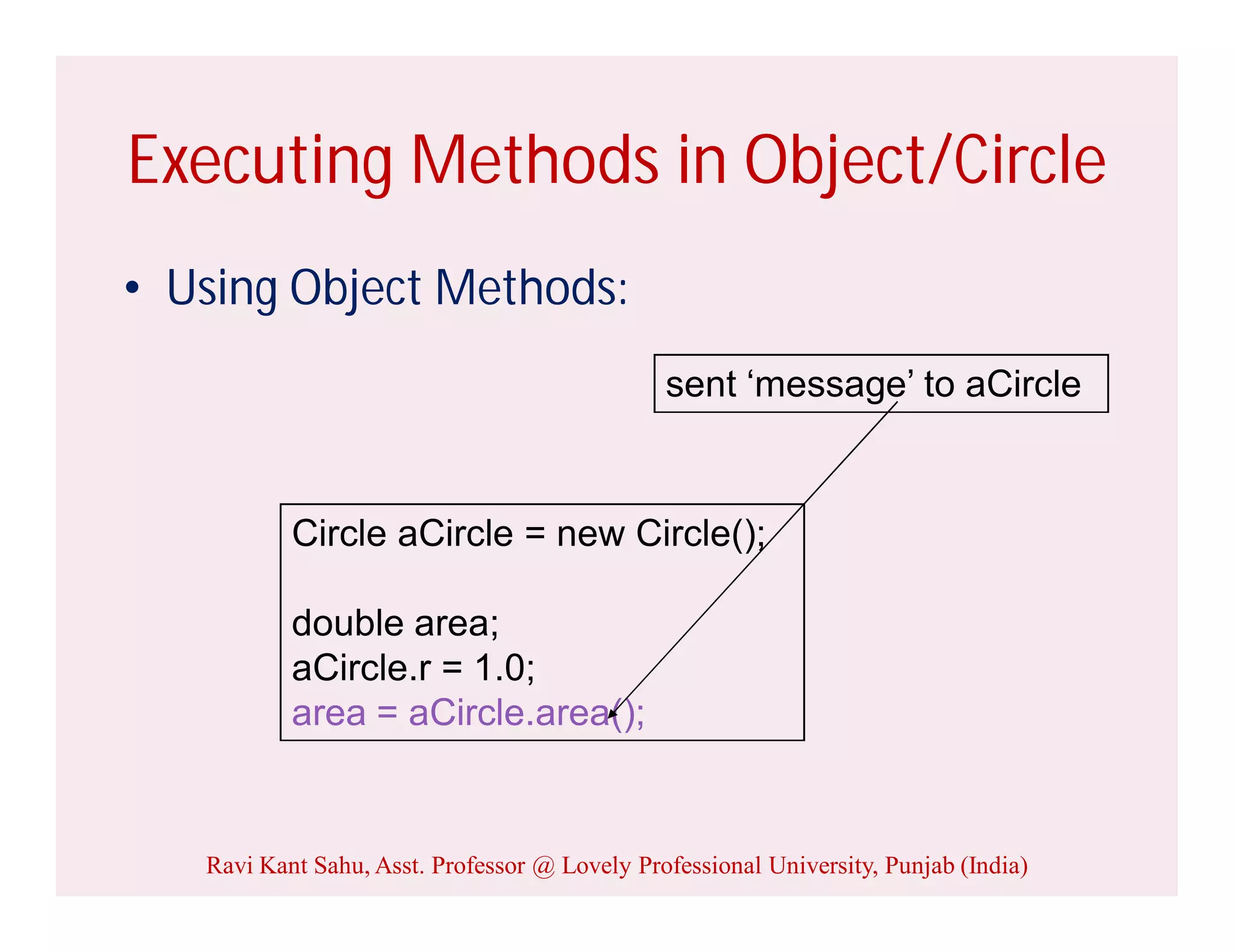Executing Methods in Object/Circle
• Using Object Methods:
Circle aCircle = new Circle();
double area;
aCircle.r = 1.0;
area = aCircle.area();
sent ‘message’ to aCircle
Ravi Kant Sahu, Asst. Professor @ Lovely Professional University, Punjab (India)
 