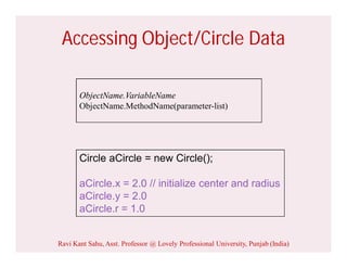Accessing Object/Circle Data
Circle aCircle = new Circle();
aCircle.x = 2.0 // initialize center and radius
aCircle.y = 2.0
aCircle.r = 1.0
ObjectName.VariableName
ObjectName.MethodName(parameter-list)
Ravi Kant Sahu, Asst. Professor @ Lovely Professional University, Punjab (India)
 