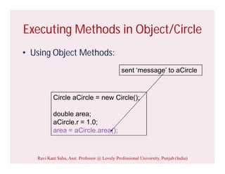 Executing Methods in Object/Circle
• Using Object Methods:
Circle aCircle = new Circle();
double area;
aCircle.r = 1.0;
area = aCircle.area();
sent ‘message’ to aCircle
Ravi Kant Sahu, Asst. Professor @ Lovely Professional University, Punjab (India)
 