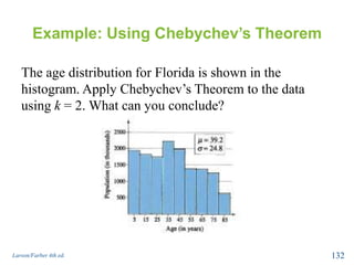 Example: Using Chebychev’s Theorem
The age distribution for Florida is shown in the
histogram. Apply Chebychev’s Theorem to the data
using k = 2. What can you conclude?
Larson/Farber 4th ed. 132
 