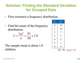 x f xf
0 10 0(10) = 0
1 19 1(19) = 19
2 7 2(7) = 14
3 7 3(7) =21
4 2 4(2) = 8
5 1 5(1) = 5
6 4 6(4) = 24
Solution: Finding the Standard Deviation
for Grouped Data
• First construct a frequency distribution.
• Find the mean of the frequency
distribution.
Larson/Farber 4th ed. 136
Σf = 50 Σ(xf )= 91
91
1.8
50
xf
x
n
The sample mean is about 1.8
children.
 
