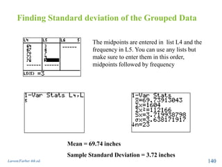 Finding Standard deviation of the Grouped Data
Larson/Farber 4th ed. 140
Mean = 69.74 inches
Sample Standard Deviation = 3.72 inches
The midpoints are entered in list L4 and the
frequency in L5. You can use any lists but
make sure to enter them in this order,
midpoints followed by frequency
 