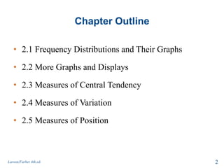 Chapter Outline
• 2.1 Frequency Distributions and Their Graphs
• 2.2 More Graphs and Displays
• 2.3 Measures of Central Tendency
• 2.4 Measures of Variation
• 2.5 Measures of Position
2Larson/Farber 4th ed.
 