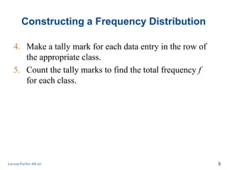 Constructing a Frequency Distribution
4. Make a tally mark for each data entry in the row of
the appropriate class.
5. Count the tally marks to find the total frequency f
for each class.
Larson/Farber 4th ed. 8
 