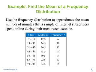 Example: Find the Mean of a Frequency
Distribution
Use the frequency distribution to approximate the mean
number of minutes that a sample of Internet subscribers
spent online during their most recent session.
Larson/Farber 4th ed. 95
Class Midpoint Frequency, f
7 – 18 12.5 6
19 – 30 24.5 10
31 – 42 36.5 13
43 – 54 48.5 8
55 – 66 60.5 5
67 – 78 72.5 6
79 – 90 84.5 2
 