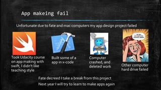 App makeing fail
Unfortunate due to fate and mac computers my app design project failed
Took Udacity course
on app making with
swift, I didn't like
teaching style
Built some of a
app in x-code
Computer
crashed, and
deleted work Other computer
hard drive failed
Fate decreed I take a break from this project
Next year I will try to learn to make apps again
 