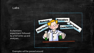 Labs
A chemistry
experiment followed
by a full write up and
analyses.
Examples will be passed around
 