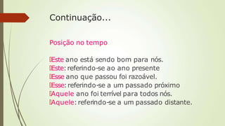 Continuação...
Posição no tempo
🠶Este ano está sendo bom para nós.
🠶Este:referindo-se ao ano presente
🠶Esse ano que passou foi razoável.
🠶Esse:referindo-se a um passado próximo
🠶Aquele ano foi terrível para todos nós.
🠶Aquele:referindo-se a um passado distante.
 