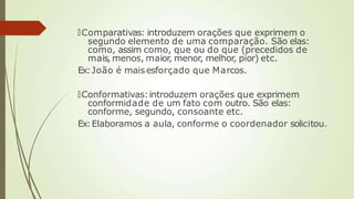 🠶Comparativas: introduzem orações que exprimem o
segundo elemento de uma comparação. São elas:
como, assim como, que ou do que (precedidos de
mais, menos, maior, menor, melhor, pior) etc.
Ex:João é maisesforçado que Marcos.
🠶Conformativas:introduzem orações que exprimem
conformidade de um fato com outro. São elas:
conforme, segundo, consoante etc.
Ex:Elaboramos a aula, conforme o coordenador solicitou.
 