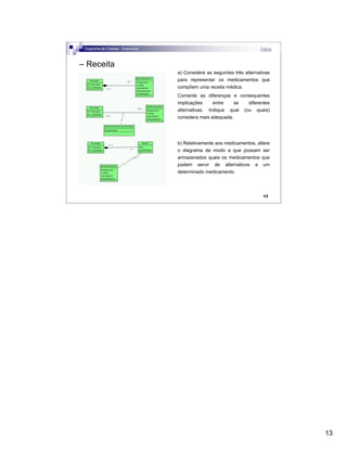 13
13
– Receita
a) Considere as seguintes três alternativas
para representar os medicamentos que
compõem uma receita médica.
Comente as diferenças e consequentes
implicações entre as diferentes
alternativas. Indique qual (ou quais)
considera mais adequada.
b) Relativamente aos medicamentos, altere
o diagrama de modo a que possam ser
armazenados quais os medicamentos que
podem servir de alternativos a um
determinado medicamento.
Diagrama de Classes - Exercícios Índice
 