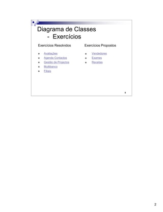 2
2
Diagrama de Classes
- Exercícios
Avaliações
Agenda Contactos
Gestão de Projectos
Multibanco
Filiais
Exercícios Resolvidos Exercícios Propostos
Vendedores
Exames
Receitas
 