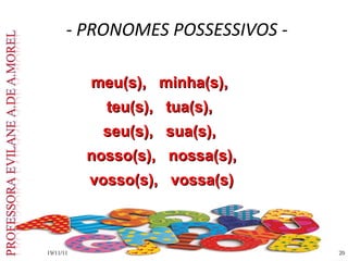 - PRONOMES POSSESSIVOS -
19/11/11
19/11/11 20
20
meu(s), minha(s),
meu(s), minha(s),
teu(s), tua(s),
teu(s), tua(s),
seu(s), sua(s),
seu(s), sua(s),
nosso(s), nossa(s),
nosso(s), nossa(s),
vosso(s), vossa(s)
vosso(s), vossa(s)
 