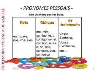 - PRONOMES PESSOAIS - 19/11/11 São divididos em três tipos. Reto eu, tu, ele, nós, vós, eles Oblíquo me, mim, comigo, te, ti, contigo, se, si, consigo, a, as, o, os, nos, conosco, vos, convosco de tratamento Vossa Senhoria, Vossa Excelência, etc ... 