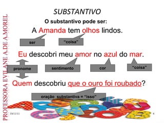 SUBSTANTIVO  19/11/11 O substantivo pode ser: A  Amanda  tem  olhos  lindos. Eu  descobri meu  amor  no  azul  do  mar . Quem  descobriu  que o ouro foi roubado ? ser “ coisa” pronome sentimento cor “ coisa” oração  substantiva = “isso” 