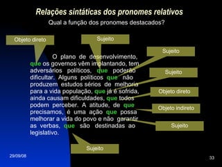 Relações sintáticas dos pronomes relativos Qual a função dos pronomes destacados? O  plano  de  desenvolvimento,  que  os governos vêm implantando, tem adversários  políticos,  que   poderão dificultar.  Alguns  políticos  que   não produzem  estudos sérios  de  melhoria para a vida população,  que  já é sofrida, ainda causam dificuldades,  que  todos podem  perceber.  A  atitude,  de  que  precisamos,  é  uma  ação  que   possa melhorar a vida do povo e não  garantir as  verbas,  que   são  destinadas  ao legislativo. Objeto direto Sujeito Sujeito Sujeito Objeto direto Objeto indireto Sujeito Sujeito 