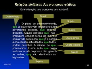 17/02/25 33
Relações sintáticas dos pronomes relativos
Qual a função dos pronomes destacados?
O plano de desenvolvimento,
que
que os governos vêm implantando, tem
adversários políticos, que
que poderão
dificultar. Alguns políticos que
que não
produzem estudos sérios de melhoria
para a vida população, que
que já é sofrida,
ainda causam dificuldades, que
que todos
podem perceber. A atitude, de que
que
precisamos, é uma ação que
que possa
melhorar a vida do povo e não garantir
as verbas, que
que são destinadas ao
legislativo.
Objeto direto Sujeito
Sujeito
Sujeito
Objeto direto
Objeto indireto
Sujeito
Sujeito
 