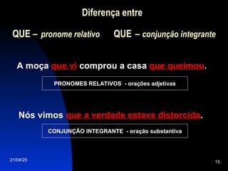 21/04/25 15
A moça que vi
que vi comprou a casa que queimou
que queimou.
Nós vimos que a verdade estava distorcida
que a verdade estava distorcida.
CONJUNÇÃO INTEGRANTE - oração substantiva
PRONOMES RELATIVOS - orações adjetivas
Diferença entre
QUE
QUE – pronome relativo QUE
QUE – conjunção integrante
 