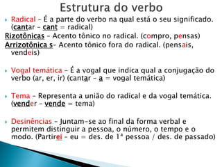  Radical – É a parte do verbo na qual está o seu significado.
(cantar – cant = radical)
Rizotônicas – Acento tônico no radical. (compro, pensas)
Arrizotônica s– Acento tônico fora do radical. (pensais,
vendeis)
 Vogal temática – É a vogal que indica qual a conjugação do
verbo (ar, er, ir) (cantar – a = vogal temática)
 Tema – Representa a união do radical e da vogal temática.
(vender – vende = tema)
 Desinências – Juntam-se ao final da forma verbal e
permitem distinguir a pessoa, o número, o tempo e o
modo. (Partirei – eu = des. de 1ª pessoa / des. de passado)
 