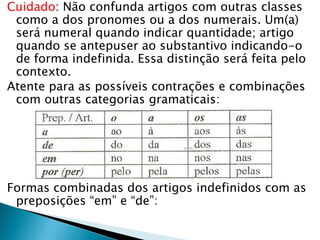 Cuidado: Não confunda artigos com outras classes
como a dos pronomes ou a dos numerais. Um(a)
será numeral quando indicar quantidade; artigo
quando se antepuser ao substantivo indicando-o
de forma indefinida. Essa distinção será feita pelo
contexto.
Atente para as possíveis contrações e combinações
com outras categorias gramaticais:
Formas combinadas dos artigos indefinidos com as
preposições “em” e “de”:
 