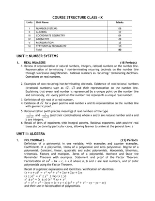 COURSE STRUCTURE CLASS -IX
Units Unit Name Marks
I NUMBER SYSTEMS 08
II ALGEBRA 17
III COORDINATE GEOMETRY 04
IV GEOMETRY ...