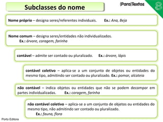 contável coletivo – aplica-se a um conjunto de objetos ou entidades do 
mesmo tipo, admitindo ser contado ou pluralizado. Ex.: pomar, alcateia 
não contável – indica objetos ou entidades que não se podem decompor em 
partes individualizadas. Ex.: coragem, farinha 
Porto Editora 
SSuubbccllaasssseess ddoo nnoommee 
Nome próprio – designa seres/referentes individuais. Ex.: Ana, Beja 
Nome comum – designa seres/entidades não individualizados. 
Ex.: árvore, coragem, farinha 
contável – admite ser contado ou pluralizado. Ex.: árvore, lápis 
não contável coletivo – aplica-se a um conjunto de objetos ou entidades do 
mesmo tipo, não admitindo ser contado ou pluralizado. 
Ex.: fauna, flora 
 