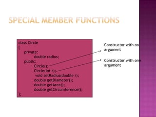 class Circle
                                       Constructor with no
{
                                       argument
   private:
          double radius;
   public:                             Constructor with one
          Circle();                    argument
          Circle(int r);
           void setRadius(double r);
          double getDiameter();
          double getArea();
          double getCircumference();
};
 