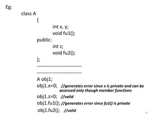 Eg:
class A
{
int x, y;
void fu1();
public:
int z;
void fu2();
};
---------------------------
---------------------------
A obj1;
obj1.x=0; //generates error since x is private and can be
accessed only though member functions
obj1.z=0; //valid
obj1.fu1(); //generates error since fu1() is private
obj1.fu2(); //valid 18
 